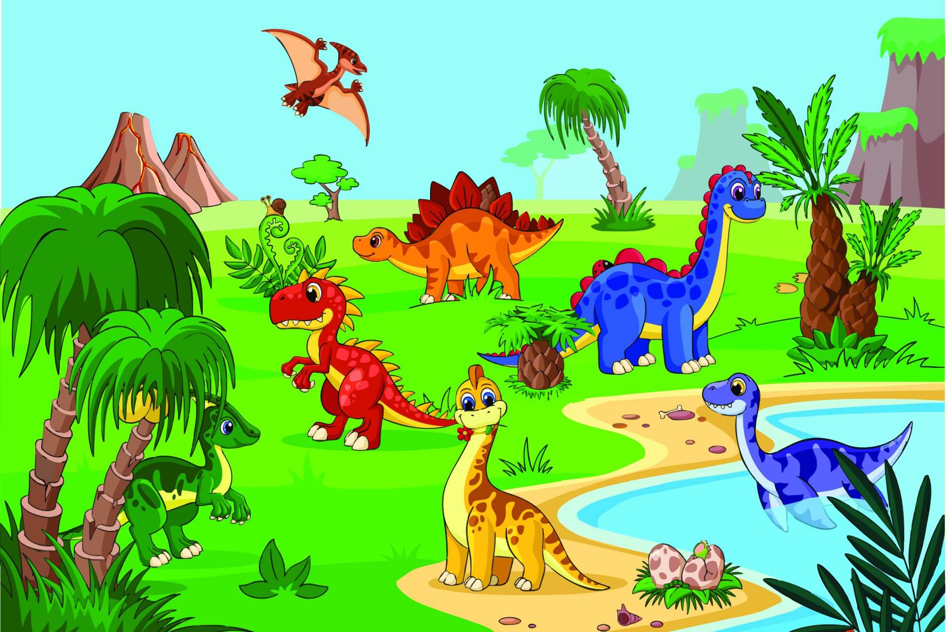 kindergartenseminare-dino-im-wald verschiedene Dinos sitzen im Wald
